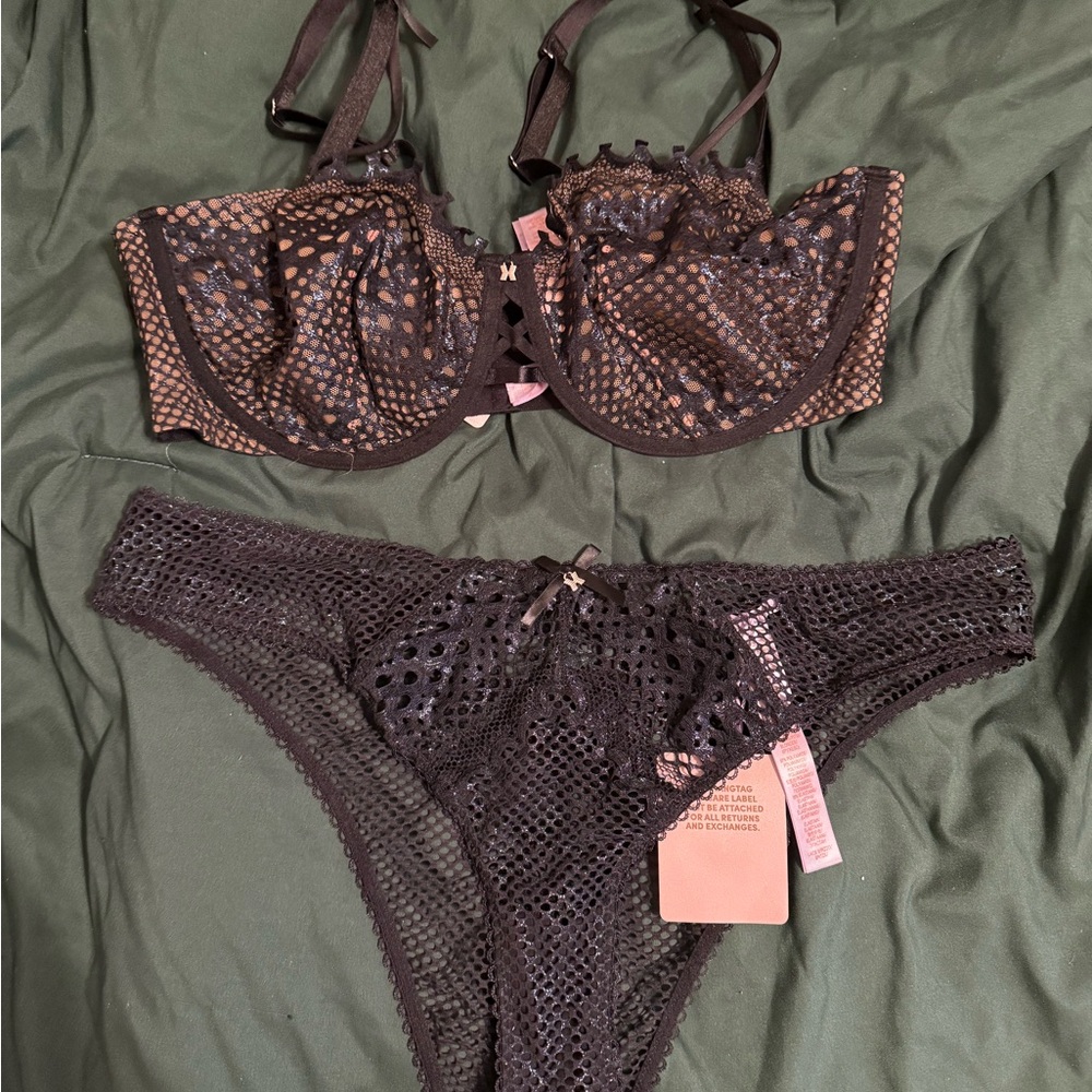 Black Lace Bra and Panty Set - Savage X Fenty Cage Shimmer Leather